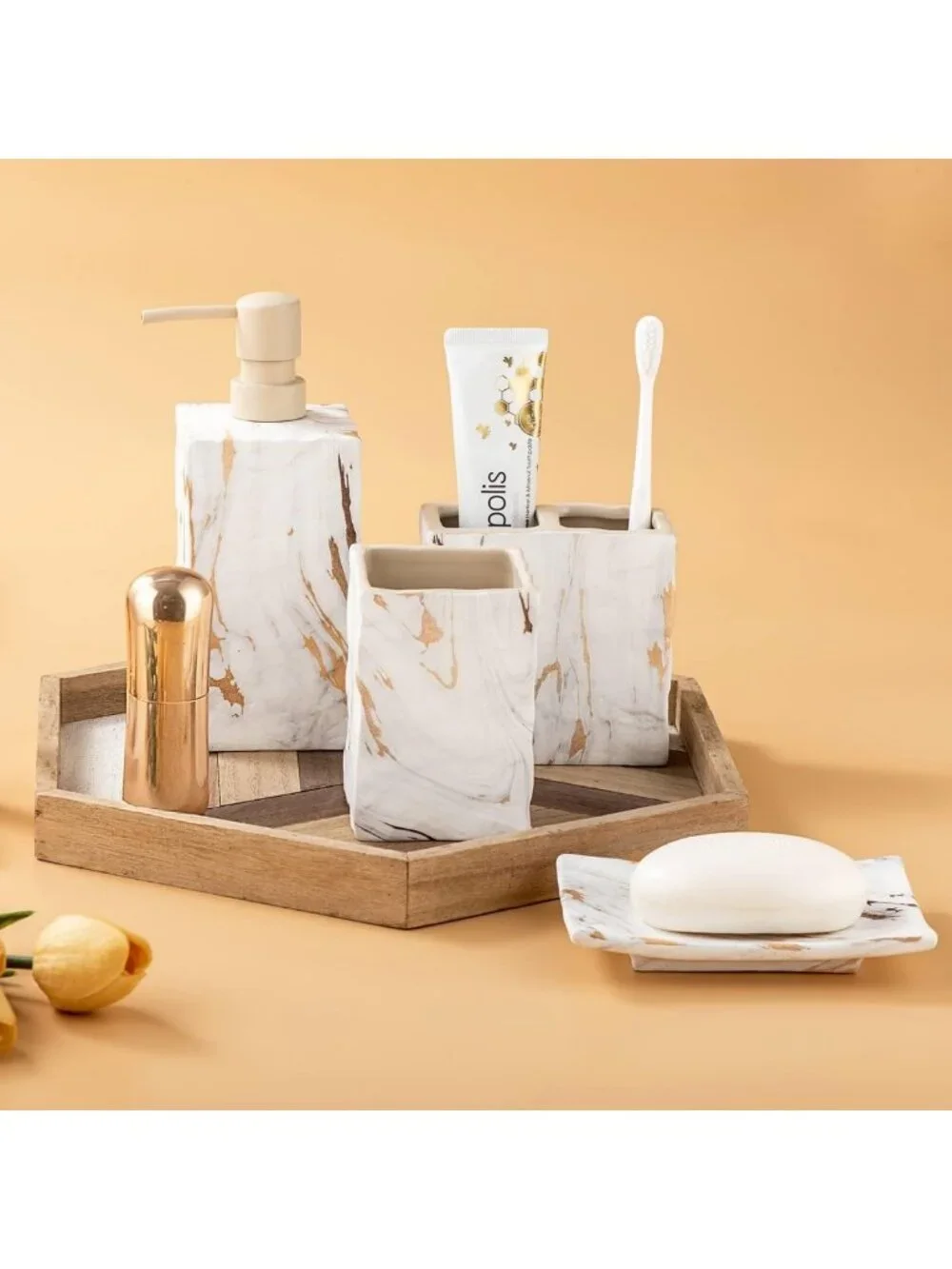 Elegant Marble Bathroom Accessories Set - 4-Piece Ceramic Decor with Gold